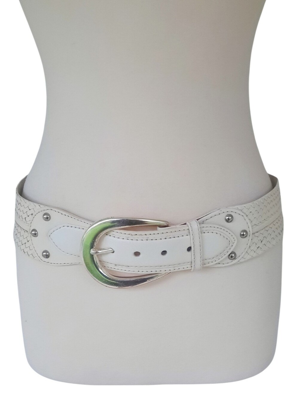 Vtg Y2K MICHAEL KORS Off-White Braided Wide Leather Belt w/Silver Buckle Sz L